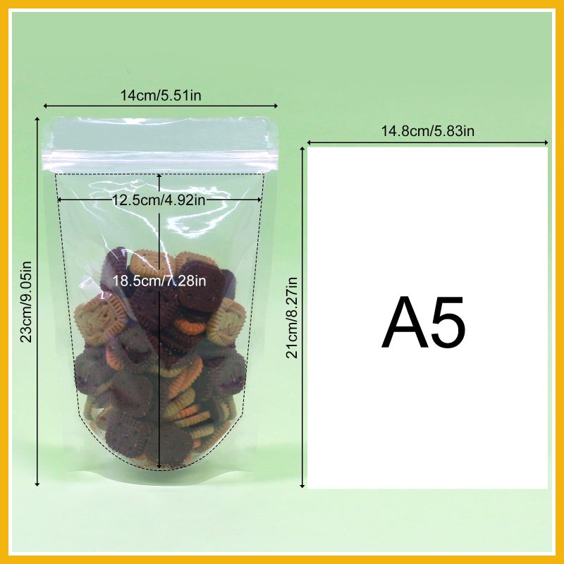 SumDirect 100pcs 5.5x9 Inches Clear Stand Up Food Bags, Zipper Stand-up Reusable Sealing Food Pouches Snack Packing Bag with Tear Notch Heat Resealable for Storing, Cookie, Snack Tea and Drinking - Image 2